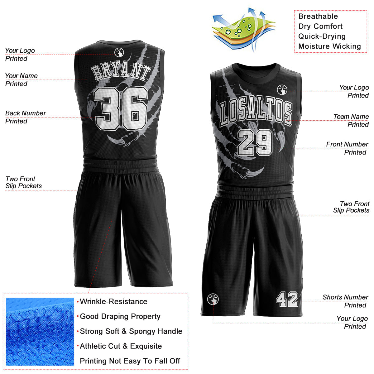 Custom Black White Animals Claws Round Neck Sublimation Basketball Uniform Jersey