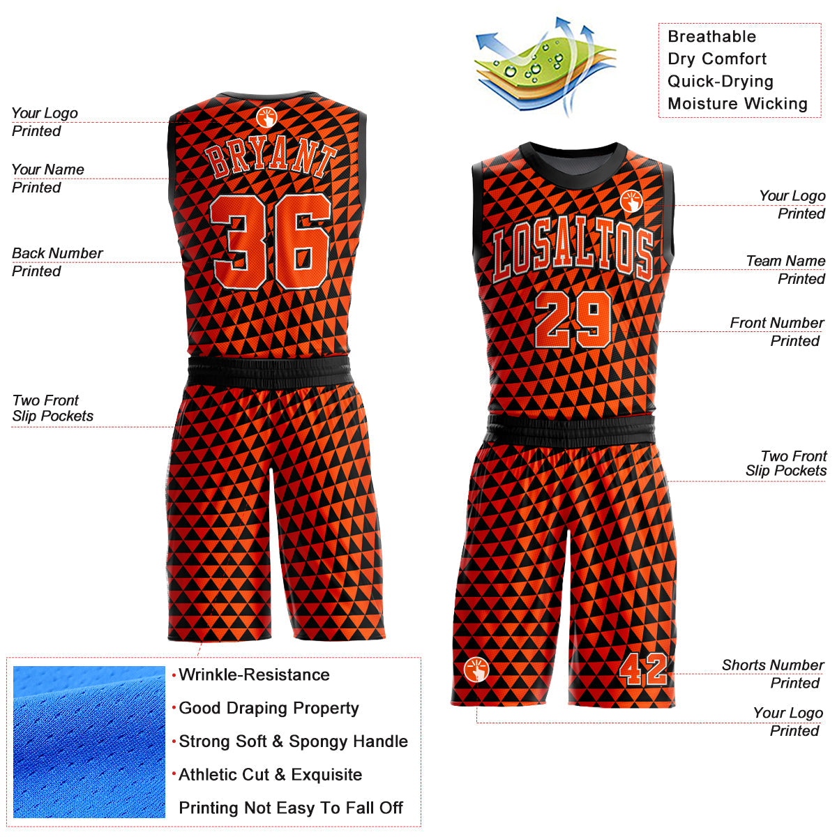 Custom Orange White-Black Triangle Shapes Round Neck Sublimation Basketball Uniform Jersey