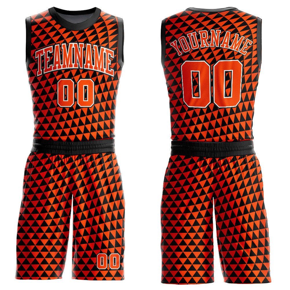 Custom Orange White-Black Triangle Shapes Round Neck Sublimation Basketball Uniform Jersey