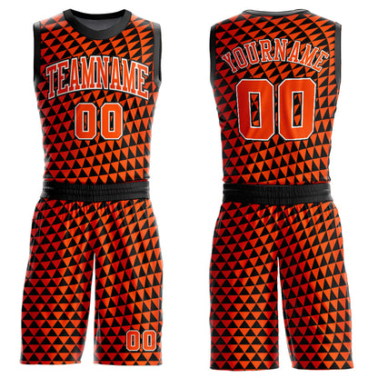 Custom Orange White-Black Triangle Shapes Round Neck Sublimation Basketball Uniform Jersey