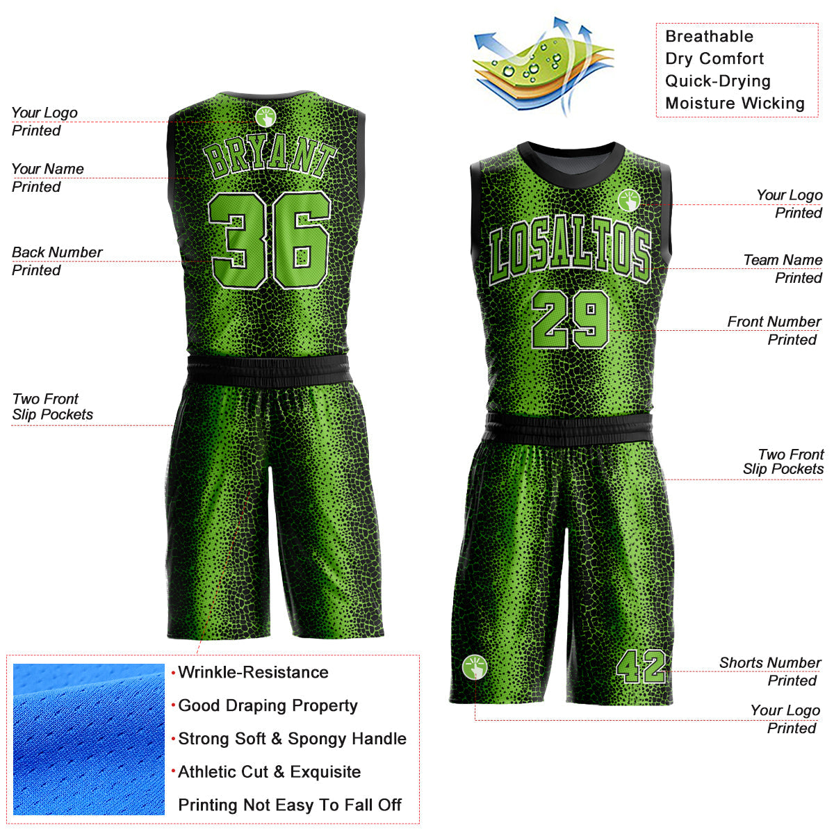 Custom Black Neon Green-White Animal Fur Print Round Neck Sublimation Basketball Uniform Jersey
