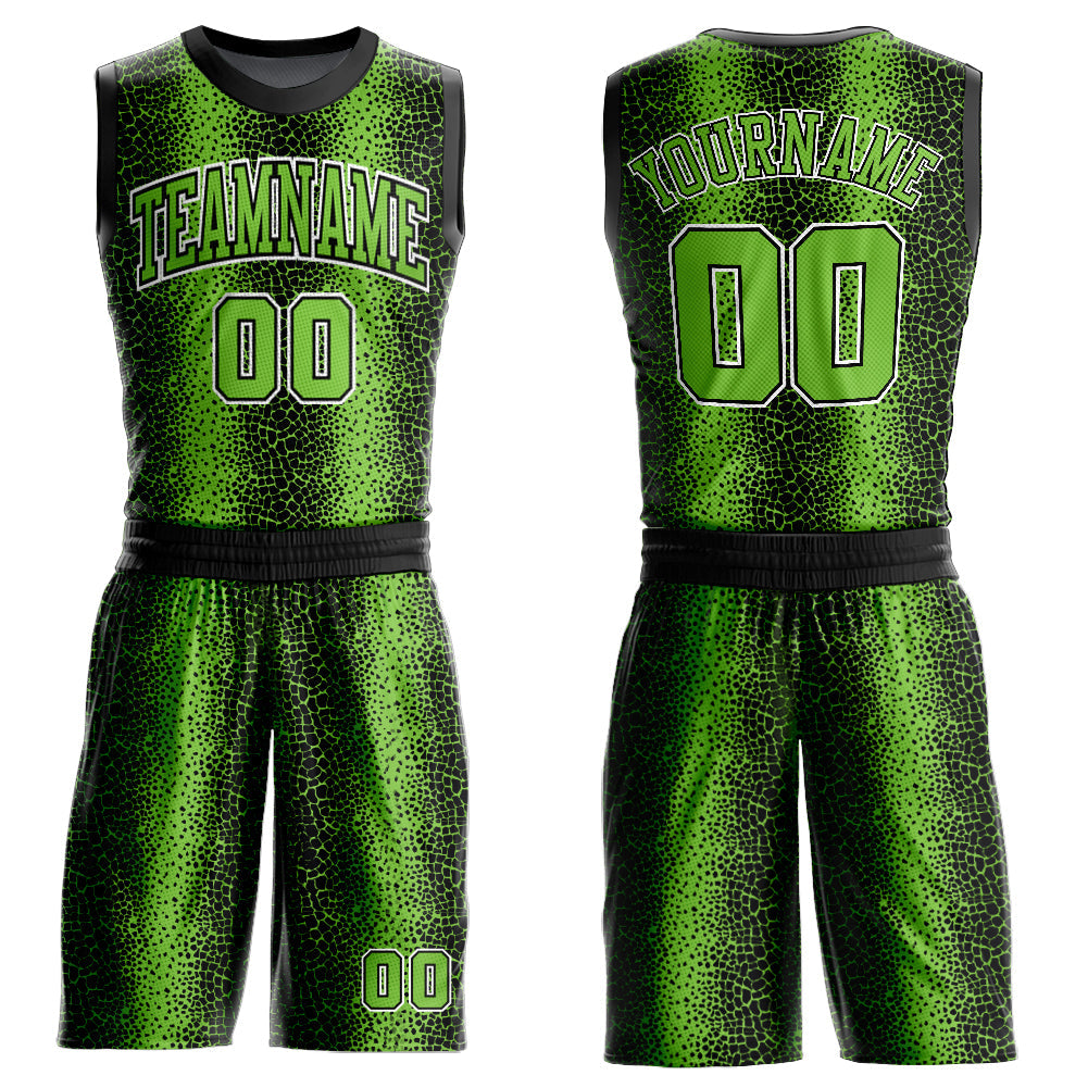 Custom Black Neon Green-White Animal Fur Print Round Neck Sublimation Basketball Uniform Jersey