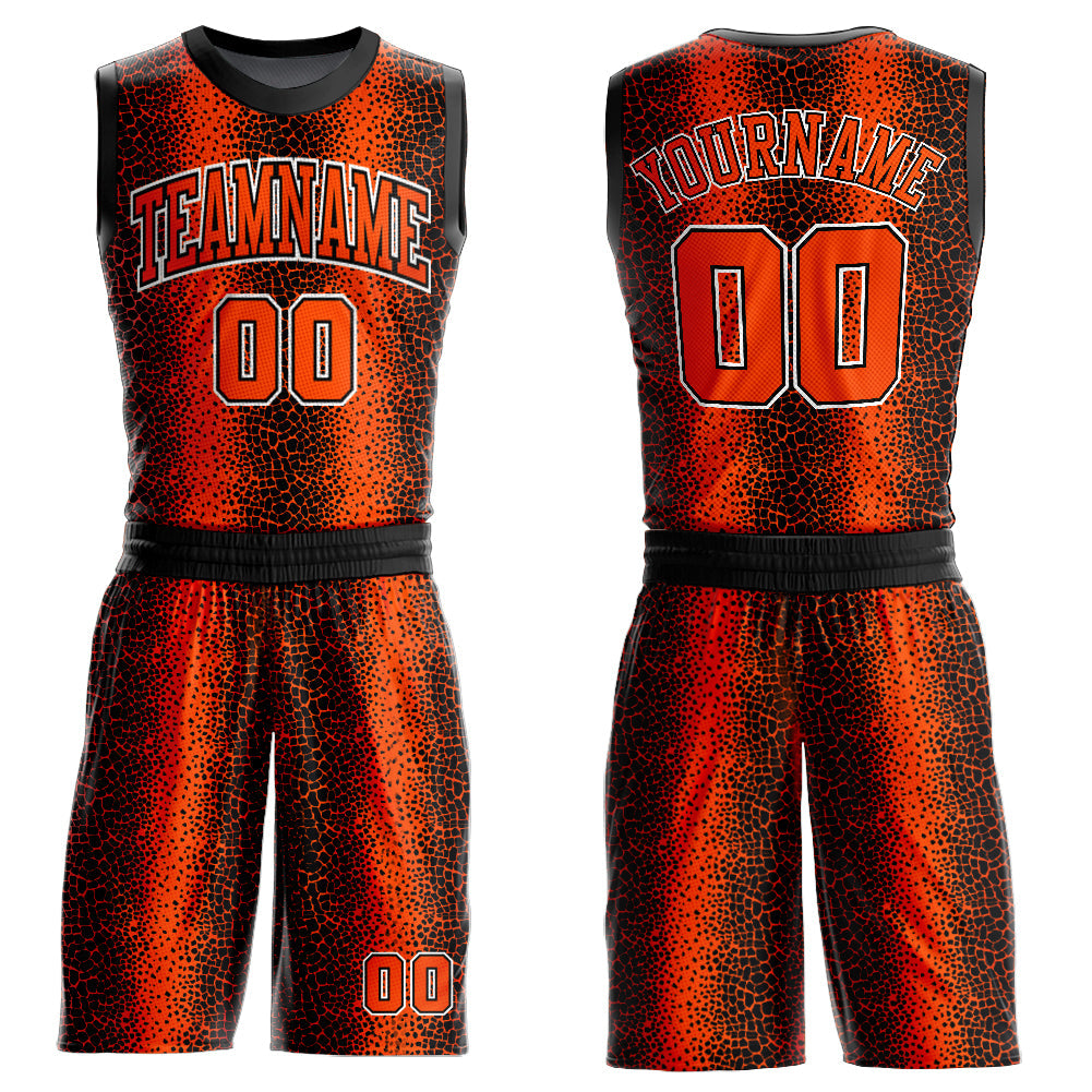 Custom Black Orange-White Animal Fur Print Round Neck Sublimation Basketball Uniform Jersey
