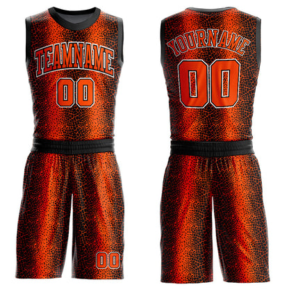 Custom Black Orange-White Animal Fur Print Round Neck Sublimation Basketball Uniform Jersey