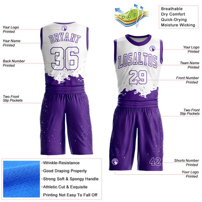 Custom White Purple Color Splash Round Neck Sublimation Basketball Uniform Jersey