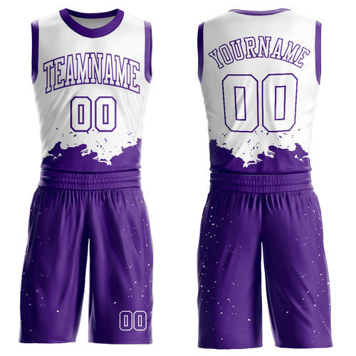 Custom White Purple Color Splash Round Neck Sublimation Basketball Uniform Jersey