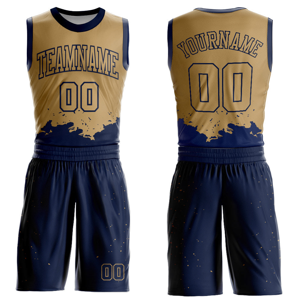 Custom Old Gold Navy Color Splash Round Neck Sublimation Basketball Uniform Jersey