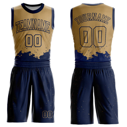 Custom Old Gold Navy Color Splash Round Neck Sublimation Basketball Uniform Jersey