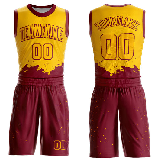 Custom Yellow Maroon Color Splash Round Neck Sublimation Basketball Uniform Jersey