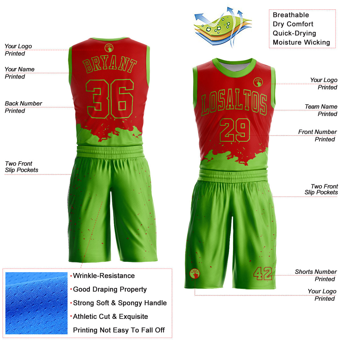 Custom Red Neon Green Color Splash Round Neck Sublimation Basketball Uniform Jersey