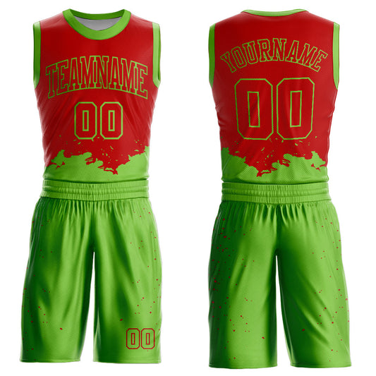 Custom Red Neon Green Color Splash Round Neck Sublimation Basketball Uniform Jersey