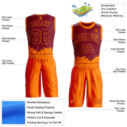 Custom Maroon Bay Orange Color Splash Round Neck Sublimation Basketball Uniform Jersey