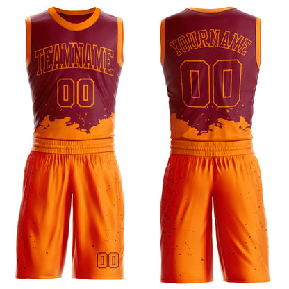 Custom Maroon Bay Orange Color Splash Round Neck Sublimation Basketball Uniform Jersey