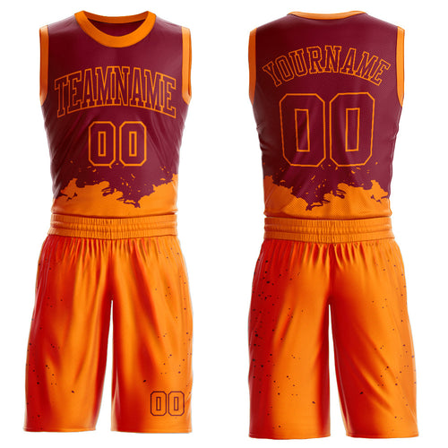 Custom Maroon Bay Orange Color Splash Round Neck Sublimation Basketball Uniform Jersey