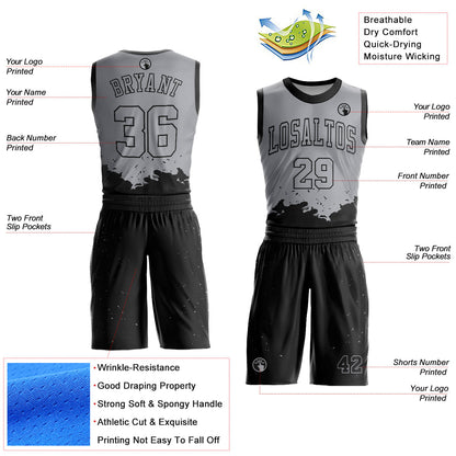 Custom Gray Black Color Splash Round Neck Sublimation Basketball Uniform Jersey