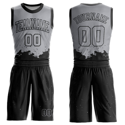 Custom Gray Black Color Splash Round Neck Sublimation Basketball Uniform Jersey