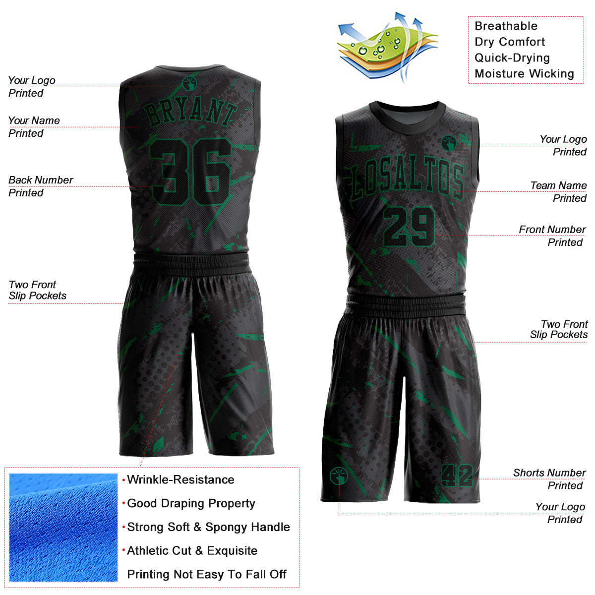 Custom Black Kelly Green Bright Lines Round Neck Sublimation Basketball Uniform Jersey