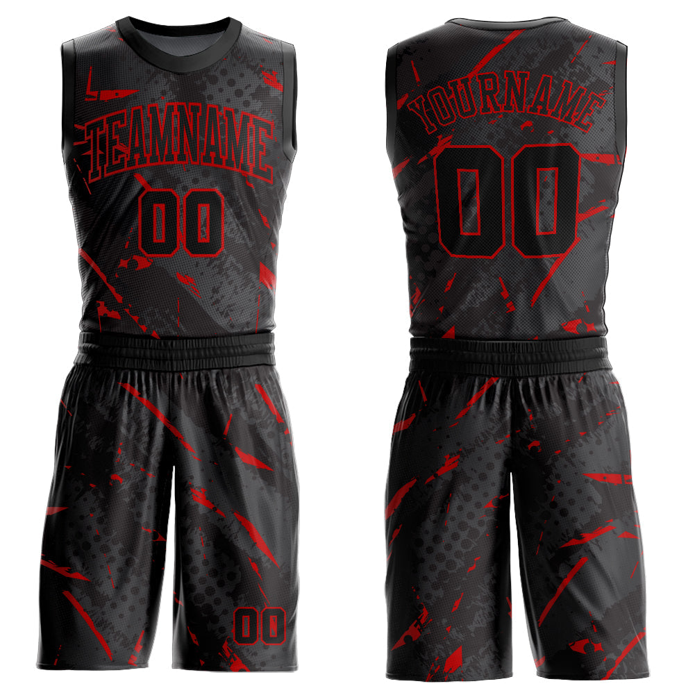 Custom Black Red Bright Lines Round Neck Sublimation Basketball Uniform Jersey