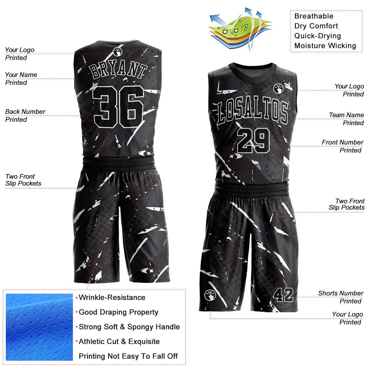 Custom Black White Bright Lines Round Neck Sublimation Basketball Uniform Jersey