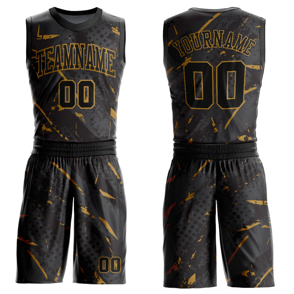 Custom Black Old Gold Bright Lines Round Neck Sublimation Basketball Uniform Jersey