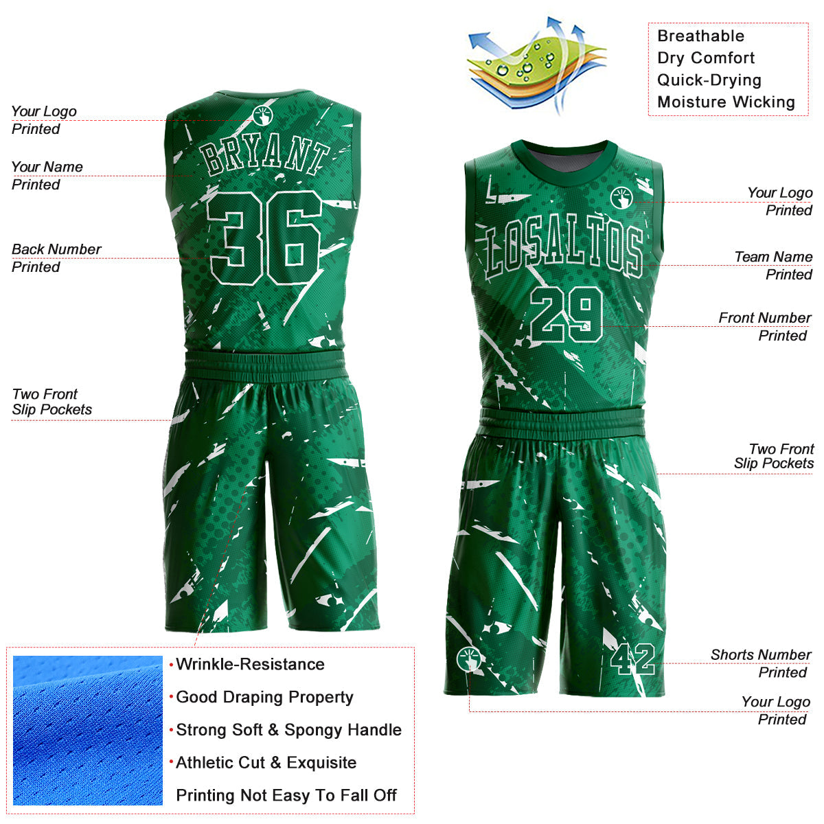 Custom Green White Bright Lines Round Neck Sublimation Basketball Uniform Jersey