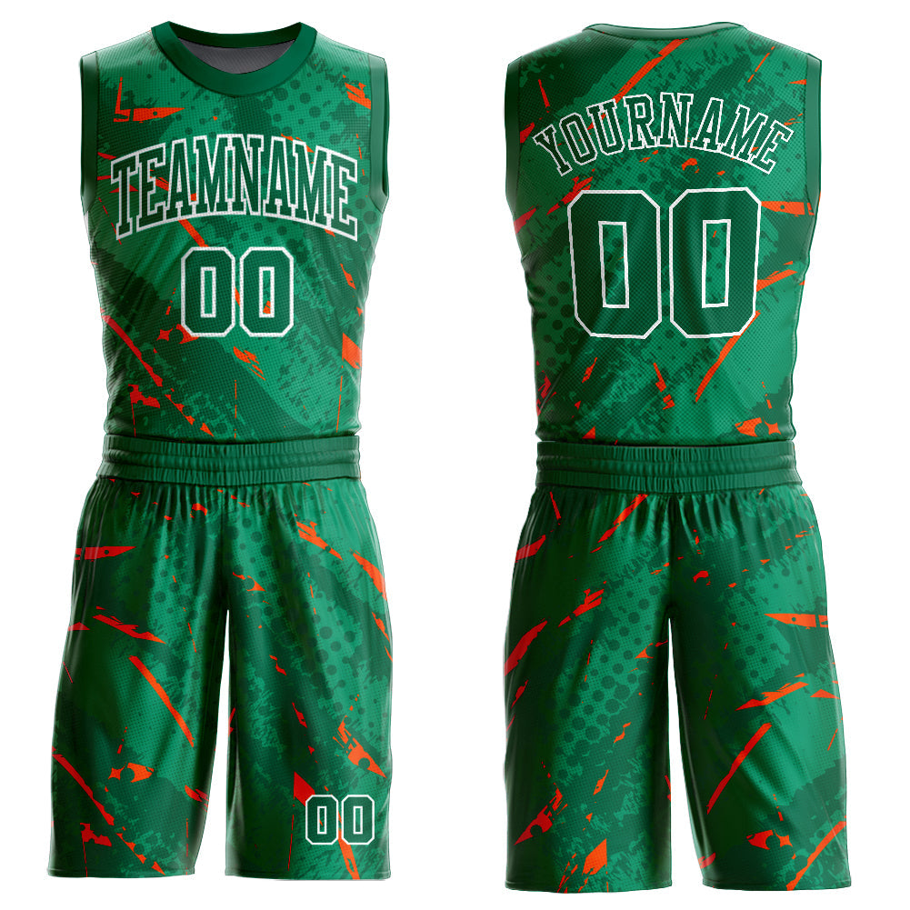 Custom Green Orange-White Bright Lines Round Neck Sublimation Basketball Uniform Jersey