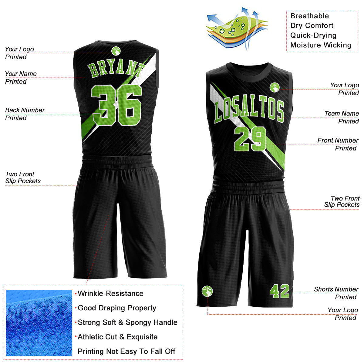 Custom Black Neon Green-White Diagonal Lines Round Neck Sublimation Basketball Uniform Jersey