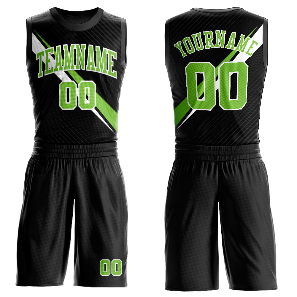 Custom Black Neon Green-White Diagonal Lines Round Neck Sublimation Basketball Uniform Jersey