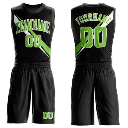 Custom Black Neon Green-White Diagonal Lines Round Neck Sublimation Basketball Uniform Jersey