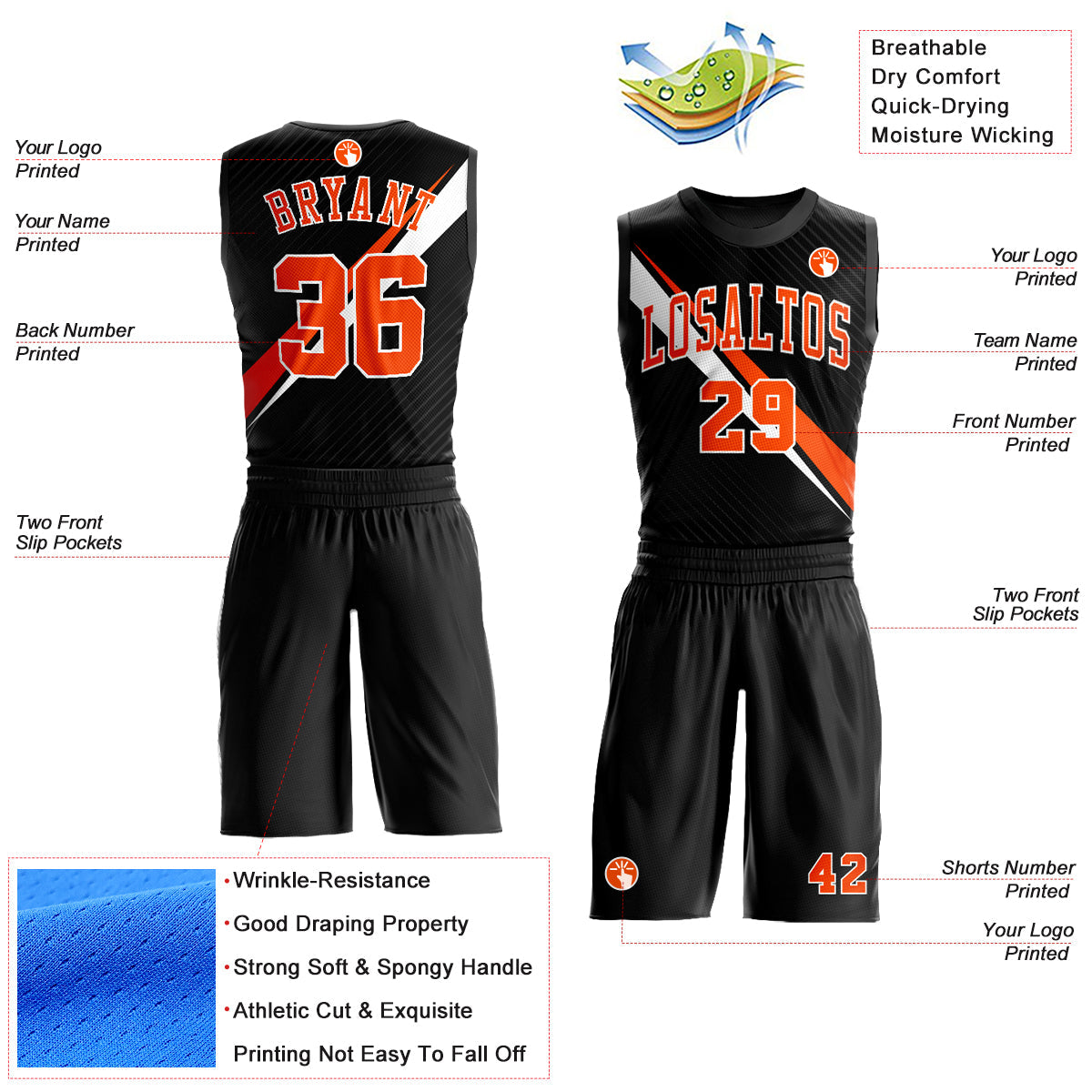 Custom Black Orange-White Diagonal Lines Round Neck Sublimation Basketball Uniform Jersey