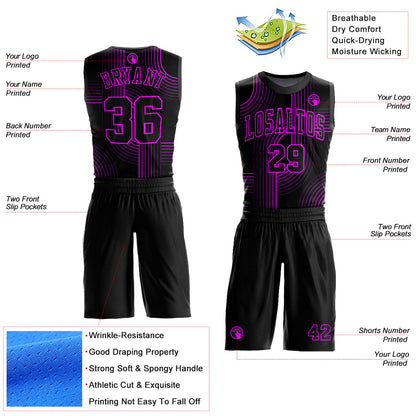 Custom Black Deep Pink Tracks Round Neck Sublimation Basketball Uniform Jersey