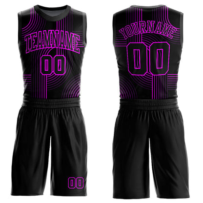 Custom Black Deep Pink Tracks Round Neck Sublimation Basketball Uniform Jersey