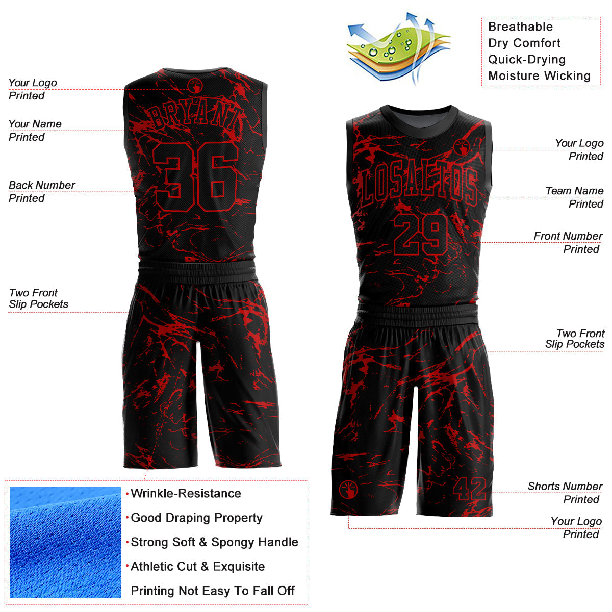Custom Black Red Abstract Grunge Art Round Neck Sublimation Basketball Uniform Jersey