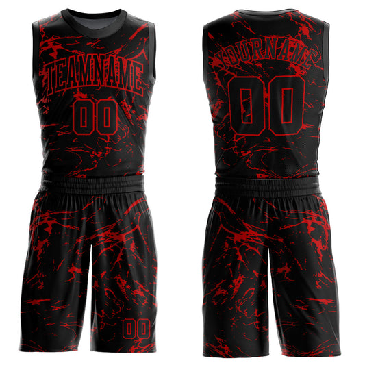 Custom Black Red Abstract Grunge Art Round Neck Sublimation Basketball Uniform Jersey