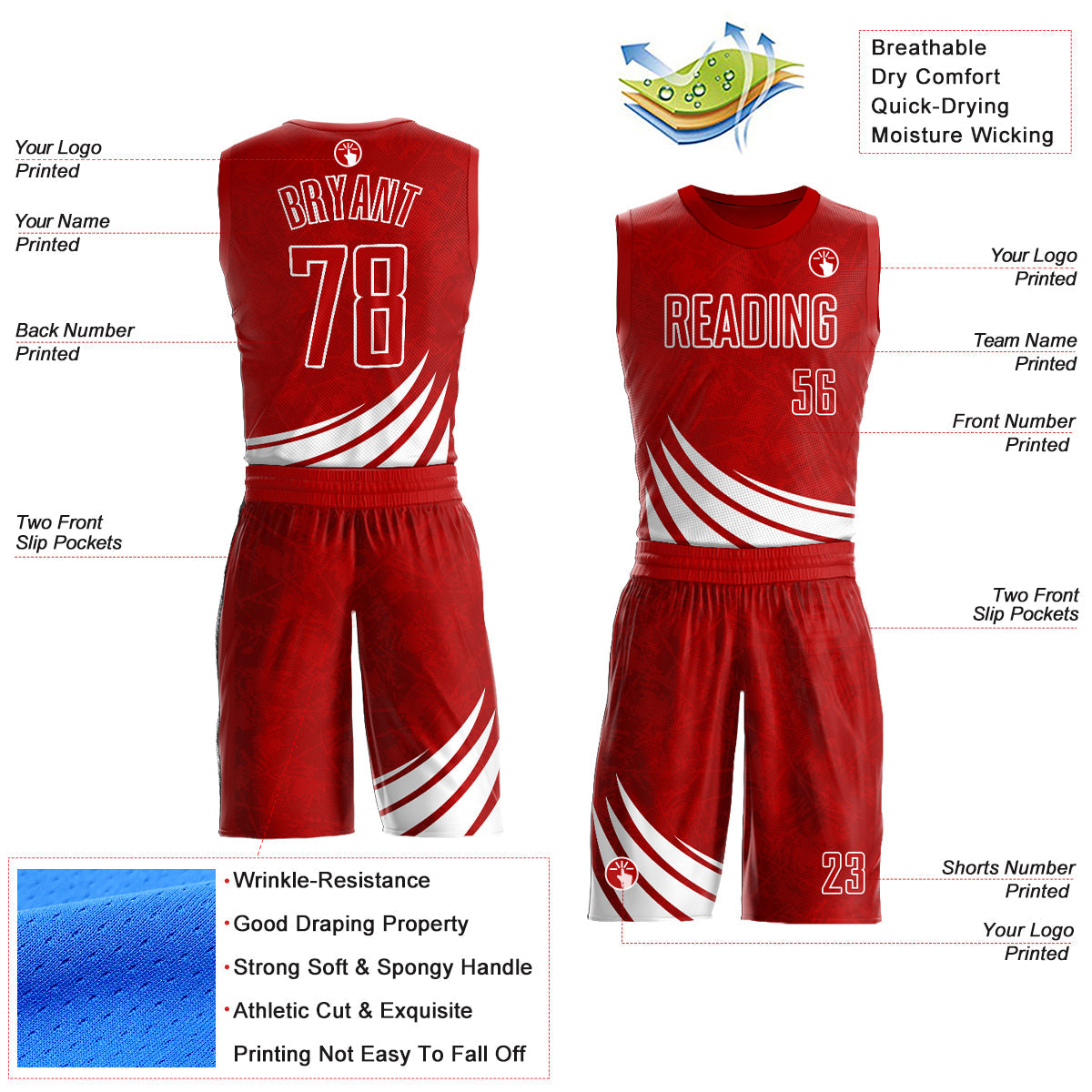 Custom Red White Wind Shapes Round Neck Sublimation Basketball Uniform Jersey