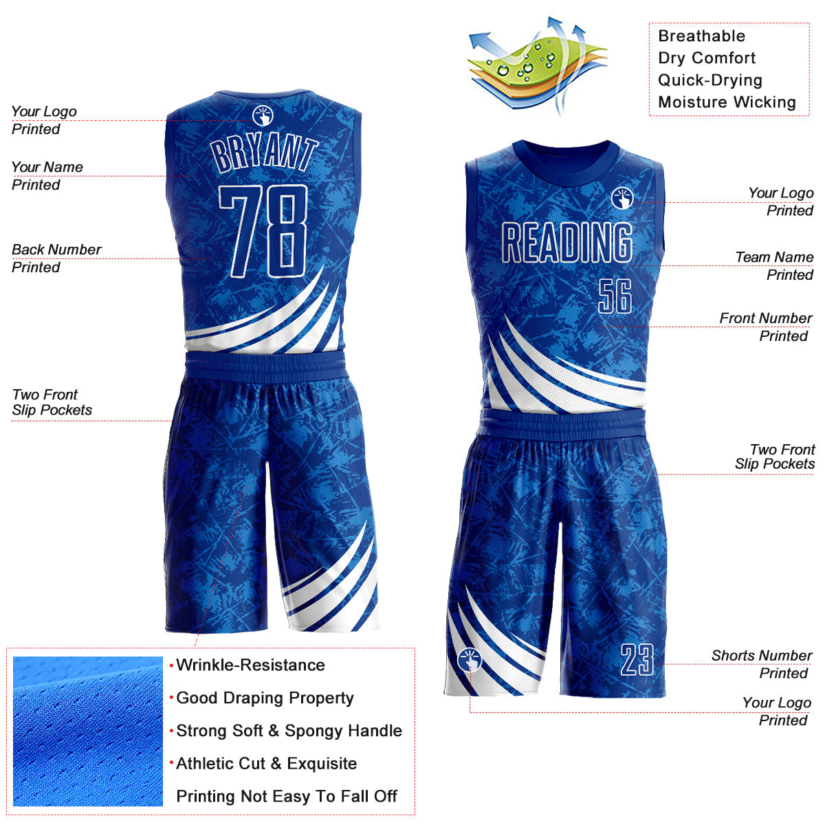 Custom Royal White Wind Shapes Round Neck Sublimation Basketball Uniform Jersey