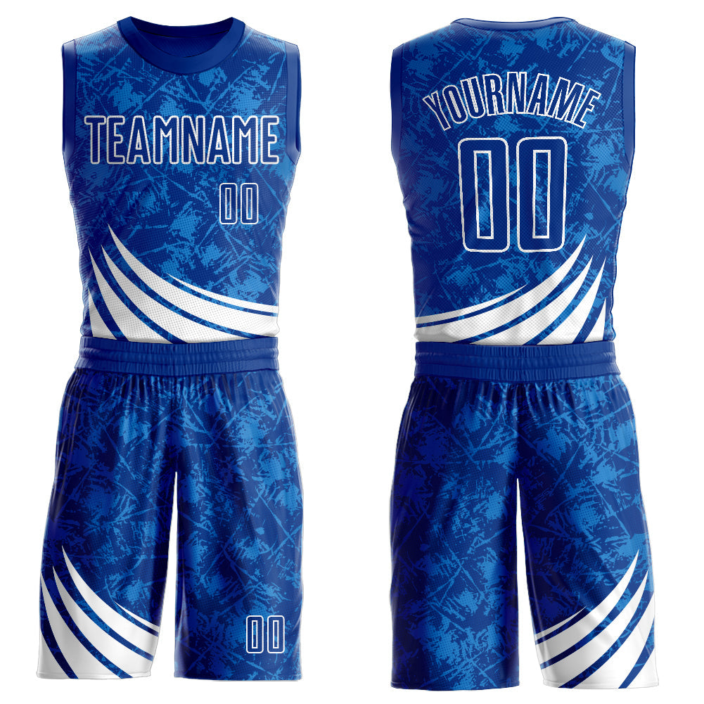 Custom Royal White Wind Shapes Round Neck Sublimation Basketball Uniform Jersey