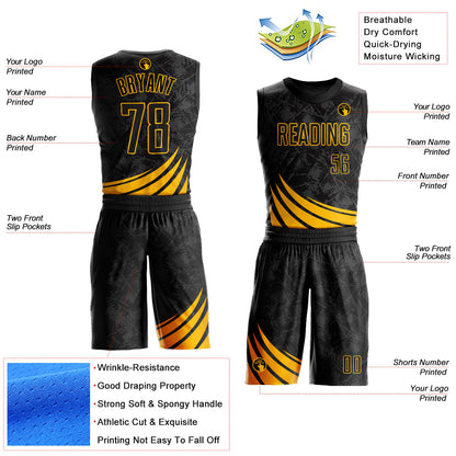 Custom Black Gold Wind Shapes Round Neck Sublimation Basketball Uniform Jersey