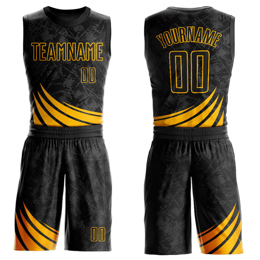 Custom Black Gold Wind Shapes Round Neck Sublimation Basketball Uniform Jersey