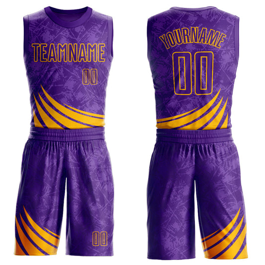 Custom Purple Gold Wind Shapes Round Neck Sublimation Basketball Uniform Jersey
