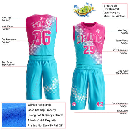 Custom Sky Blue Pink-White Gradient Two Tone Diamond Shape Round Neck Sublimation Basketball Uniform Jersey