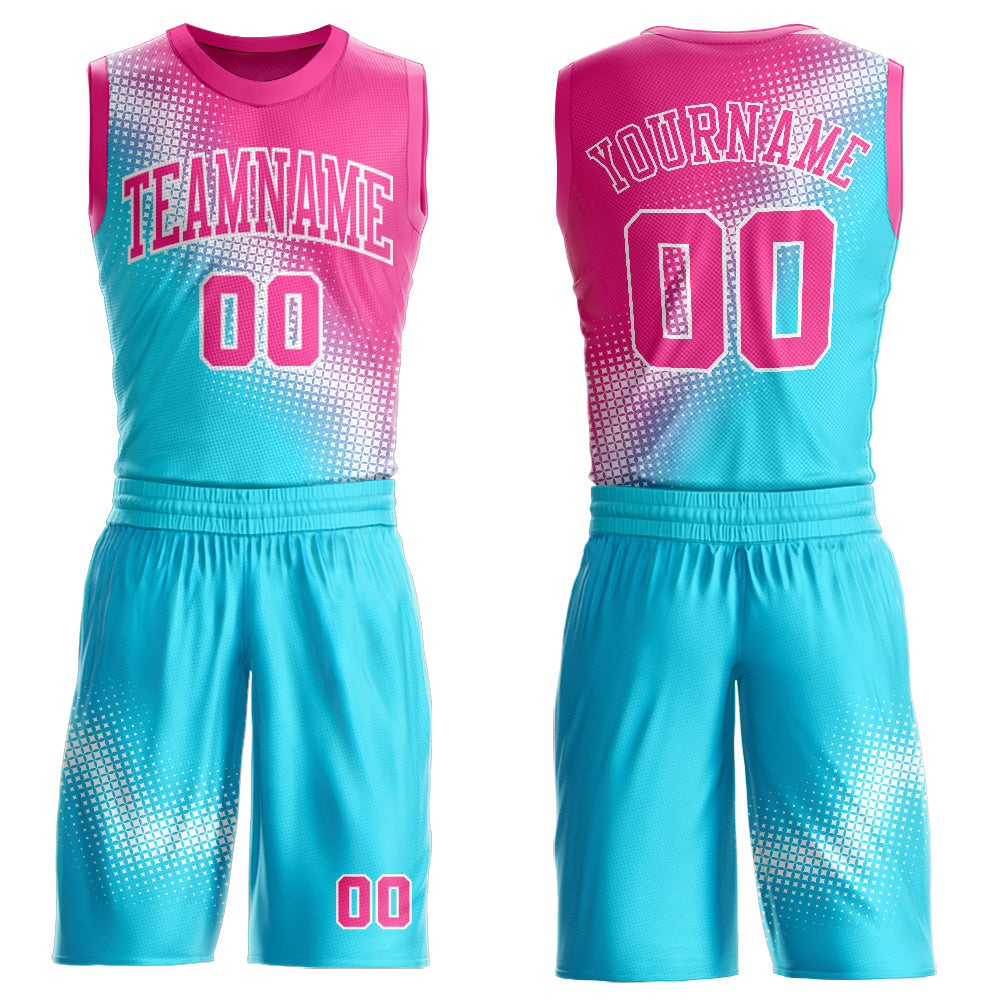 Custom Sky Blue Pink-White Gradient Two Tone Diamond Shape Round Neck Sublimation Basketball Uniform Jersey