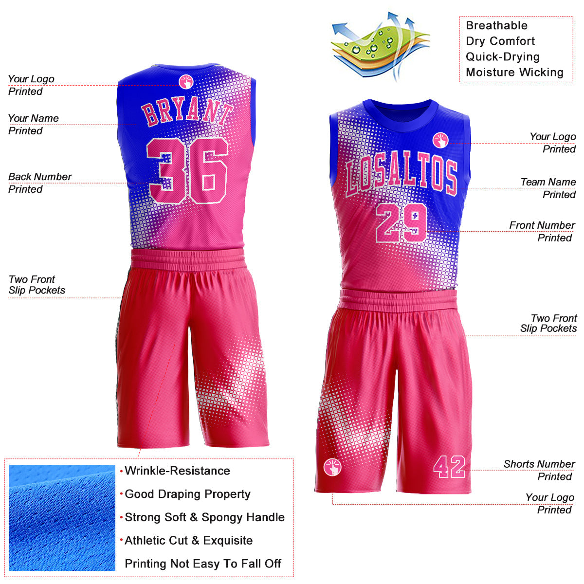 Custom Pink Royal-White Gradient Two Tone Diamond Shape Round Neck Sublimation Basketball Uniform Jersey