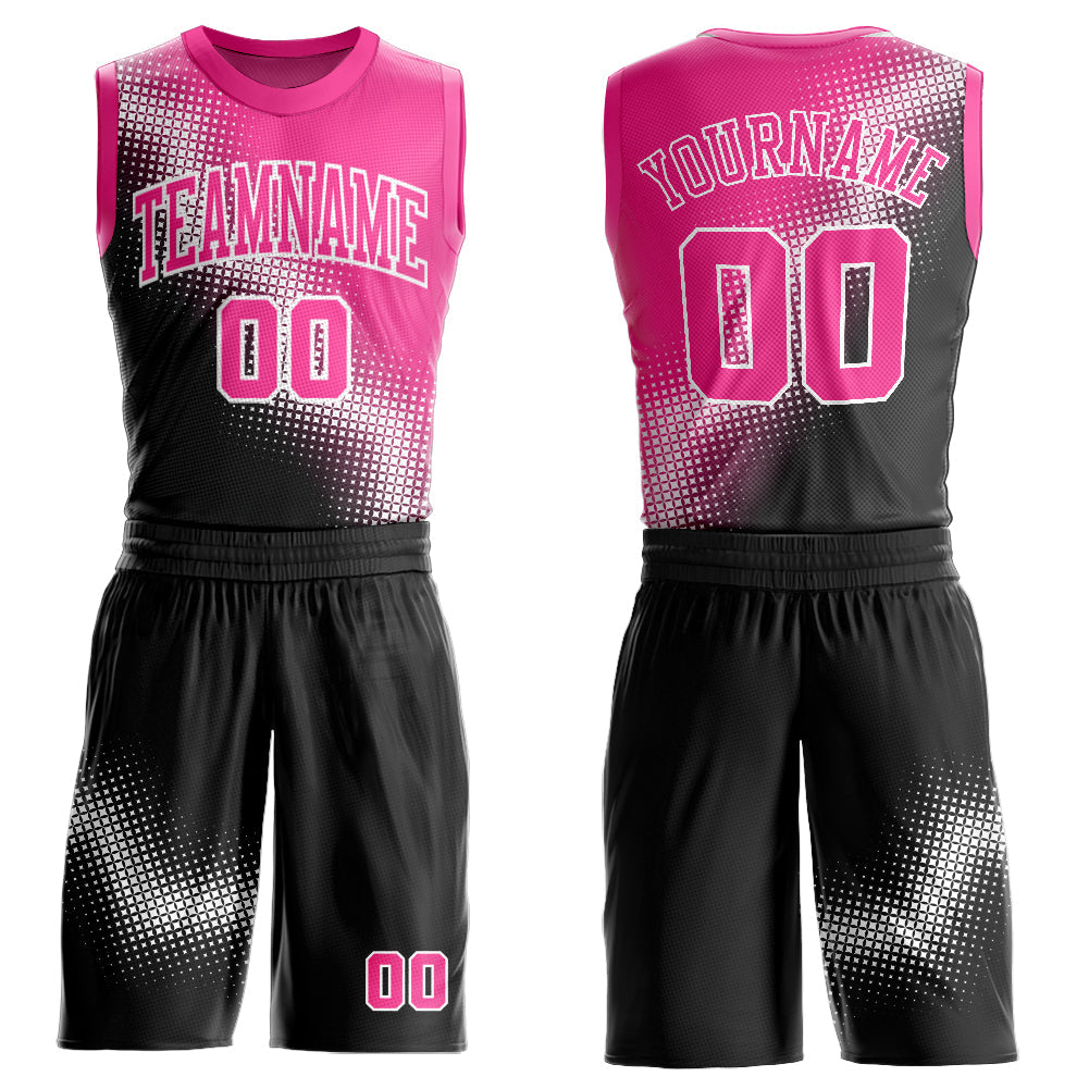 Custom Black Pink-White Gradient Two Tone Diamond Shape Round Neck Sublimation Basketball Uniform Jersey