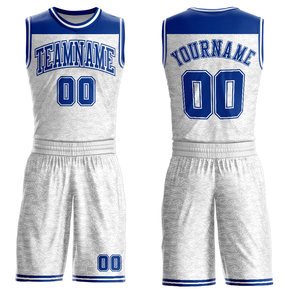 Custom White Royal Color Block Round Neck Sublimation Basketball Uniform Jersey