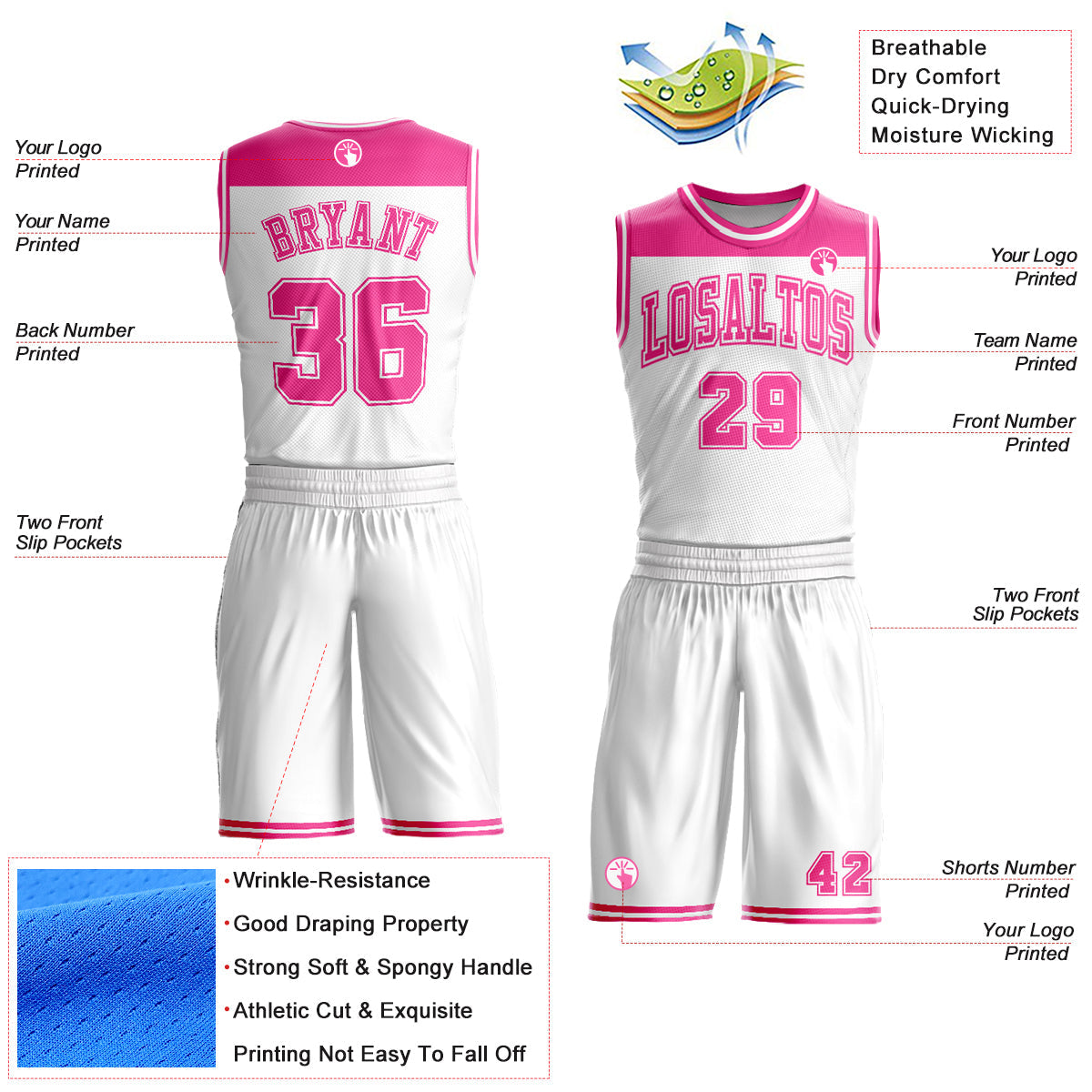 Custom White Pink Color Block Round Neck Sublimation Basketball Uniform Jersey