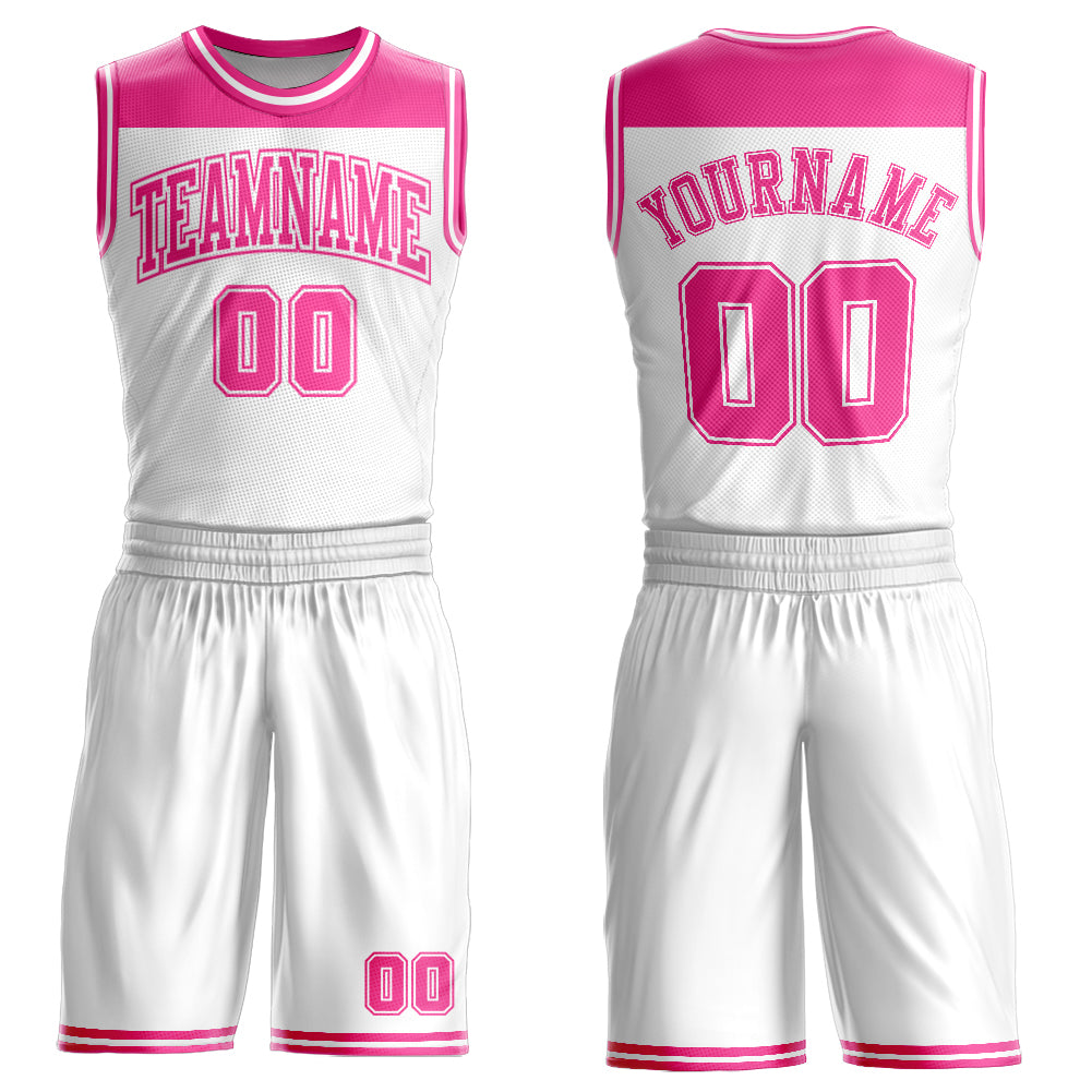 Custom White Pink Color Block Round Neck Sublimation Basketball Uniform Jersey