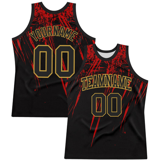 Custom Black Red-Old Gold Splash Round Neck Sublimation Basketball Set Jersey