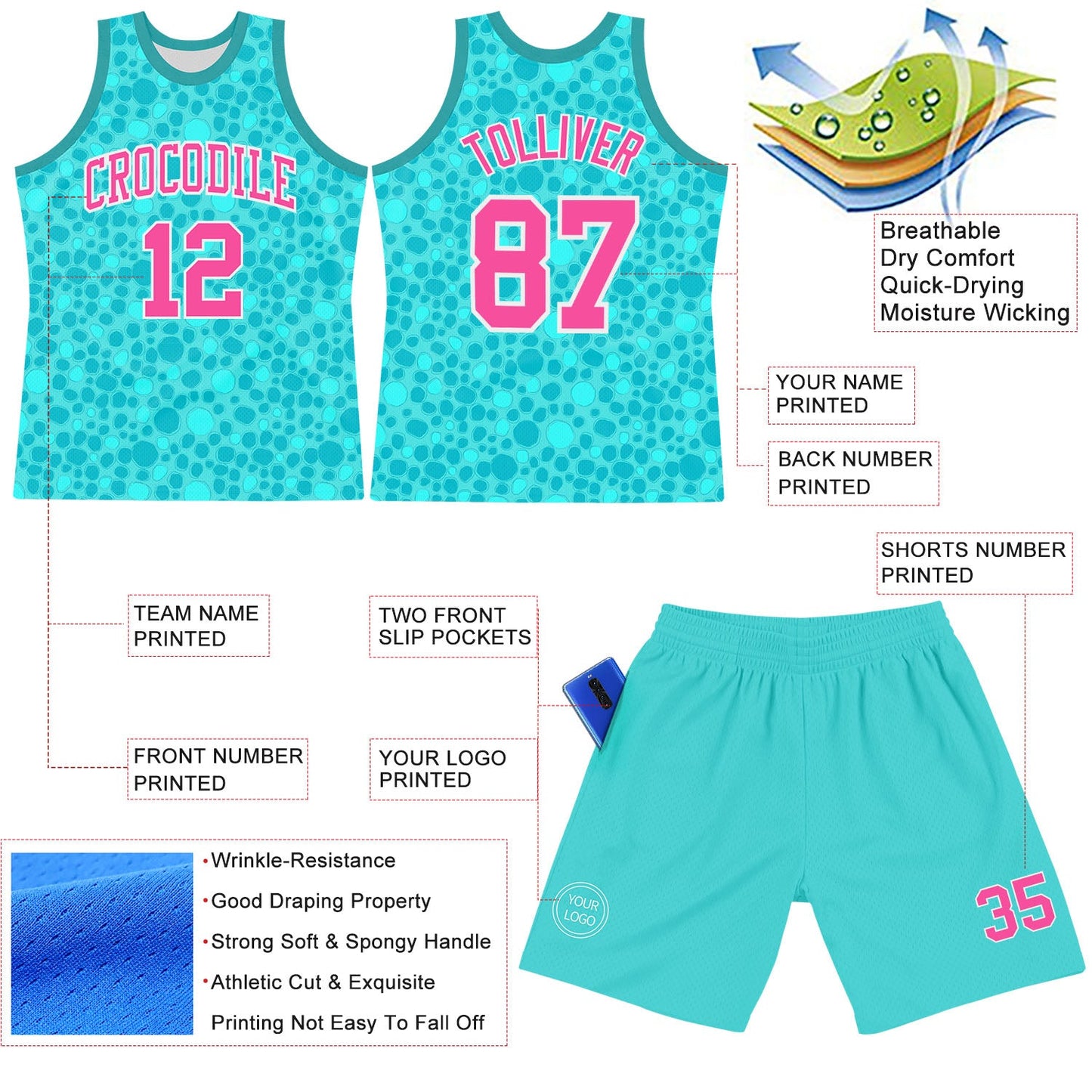 Custom Aqua Pink-White Leopard Print Round Neck Sublimation Basketball Set Jersey