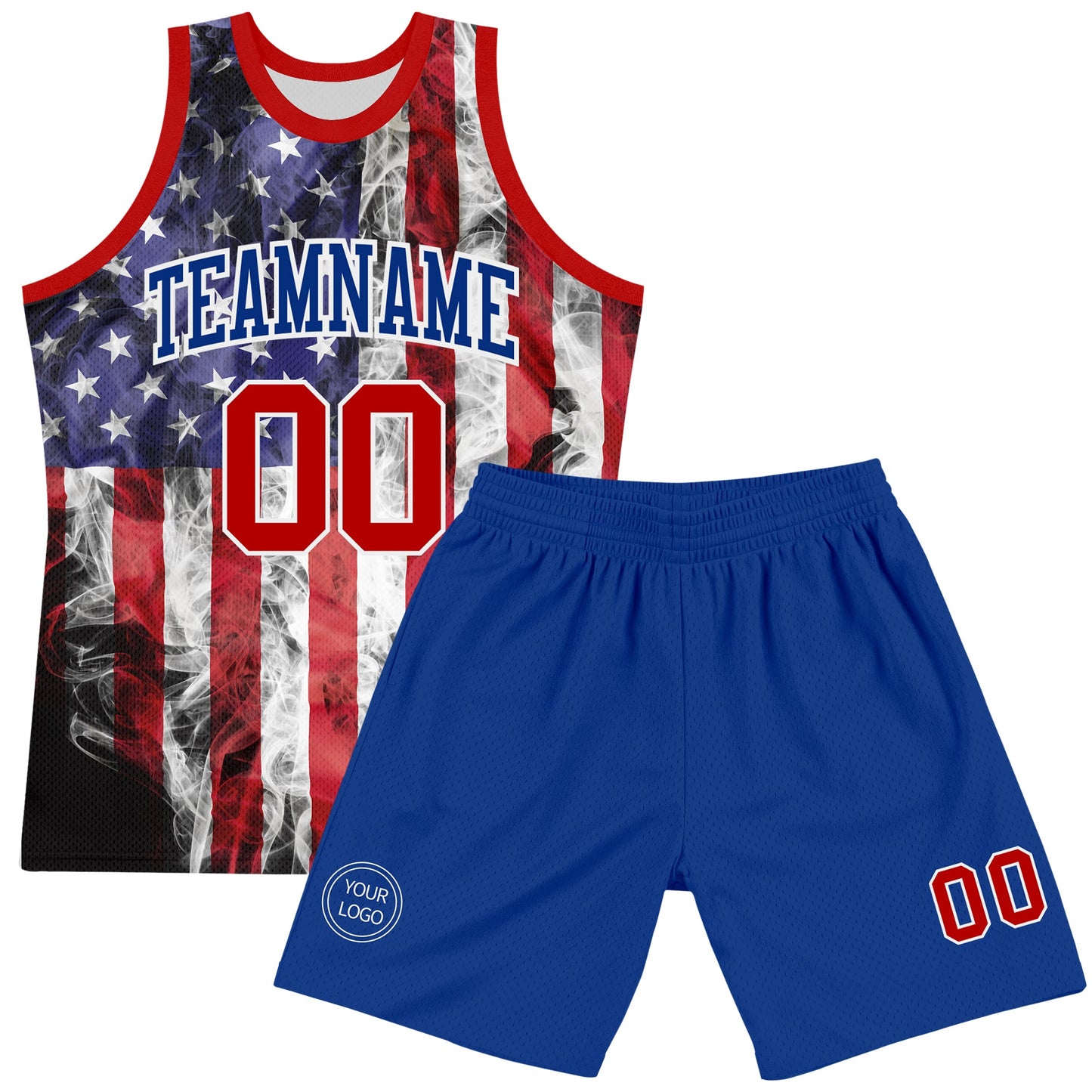 Custom White Red-Royal American Flag Round Neck Sublimation Basketball Set Jersey